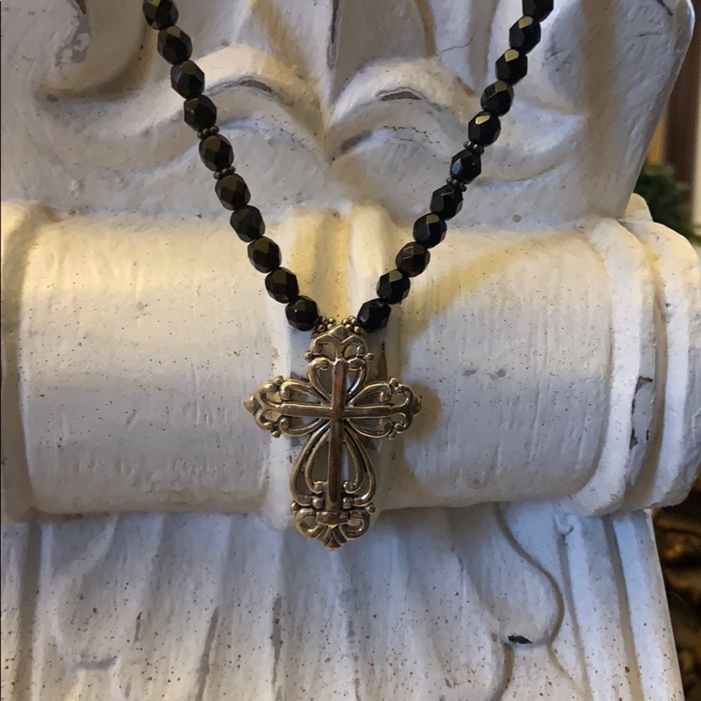 Sterling Silver Cross On Beaded Black Czechs
